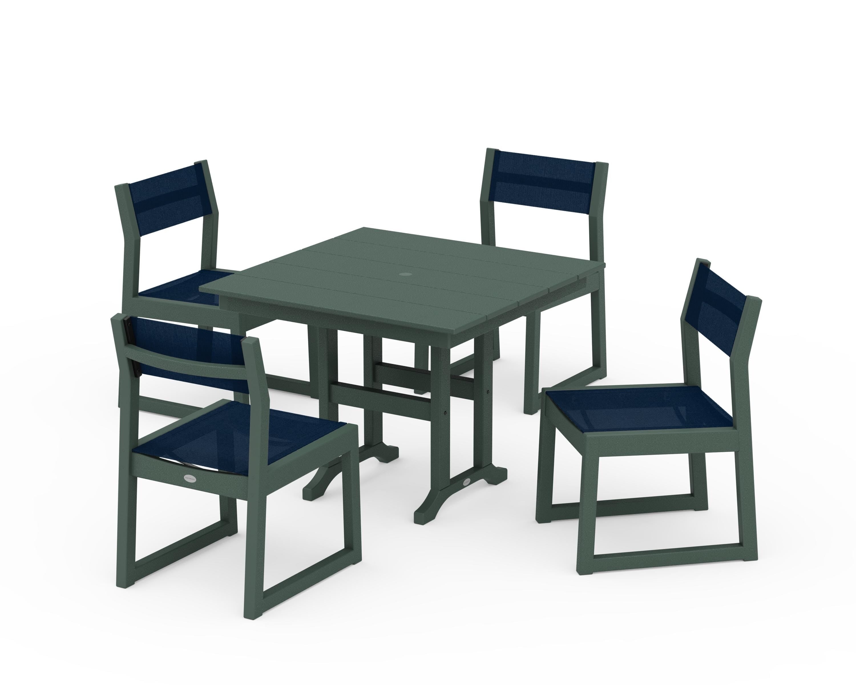 POLYWOOD® EDGE Sling Side Chair 5-Piece Farmhouse Dining Set in Green / Navy Blue Sling
