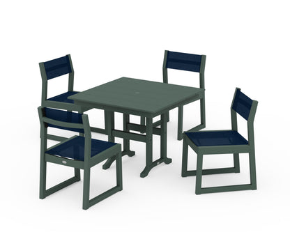 POLYWOOD® EDGE Sling Side Chair 5-Piece Farmhouse Dining Set in Green / Navy Blue Sling