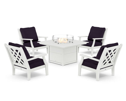 Country Living Wovendale 5-Piece Deep Seating Set with Fire Pit Table in White / Navy Linen