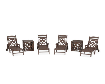 Martha Stewart by POLYWOOD® Chinoiserie 6-Piece Chaise Set with Umbrella Stand Accent Table in Mahogany
