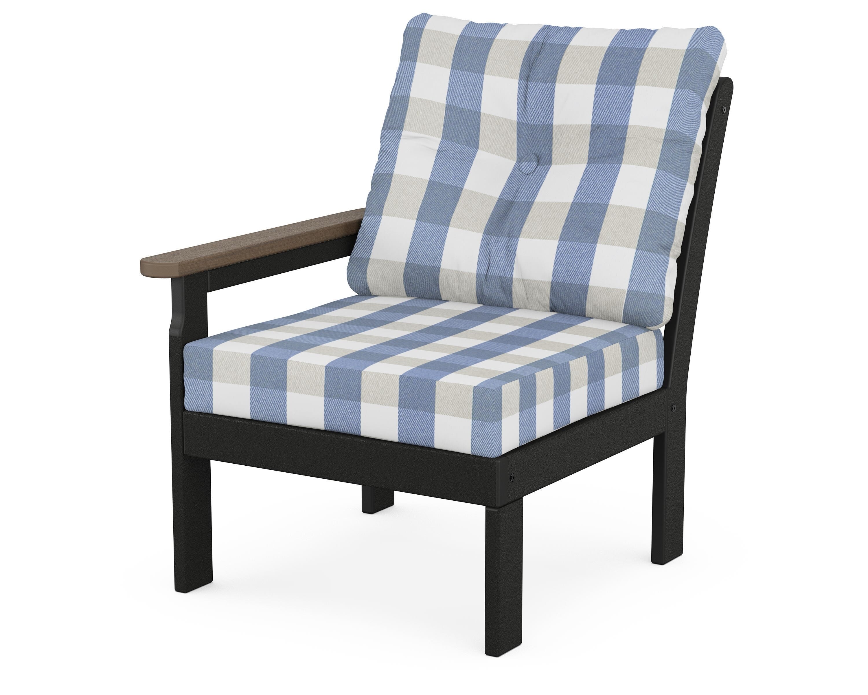 POLYWOOD® Vineyard Modular Left Arm Chair in Black / Kona / Buffalo Plaid Sky Blue
