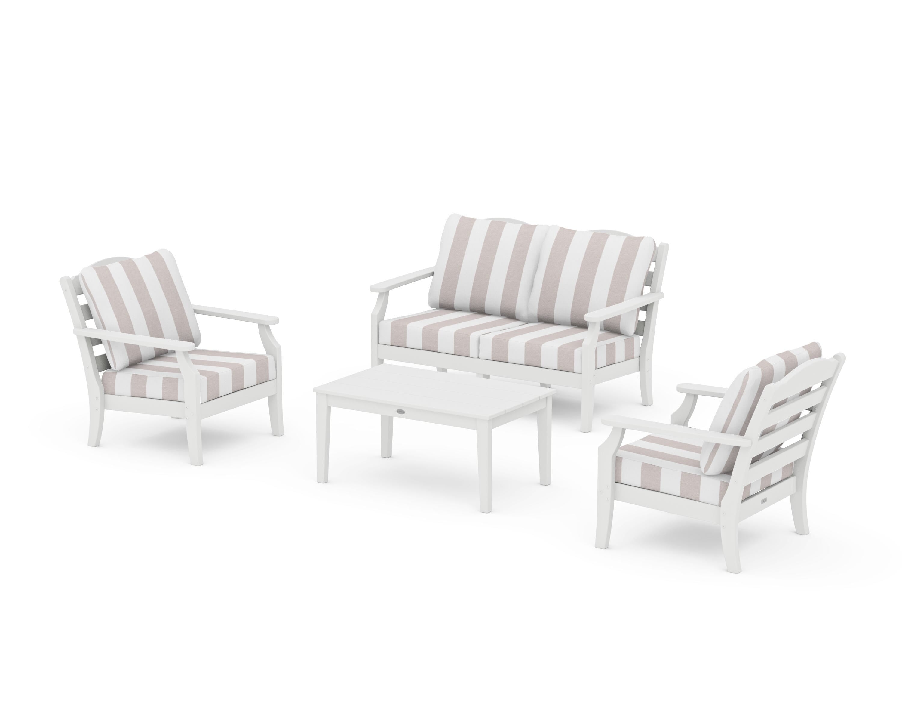 Draper James™ by  POLYWOOD® Savannah 4-Piece Deep Seating Set with Loveseat in White / Cabana Stripe Dune Burlap