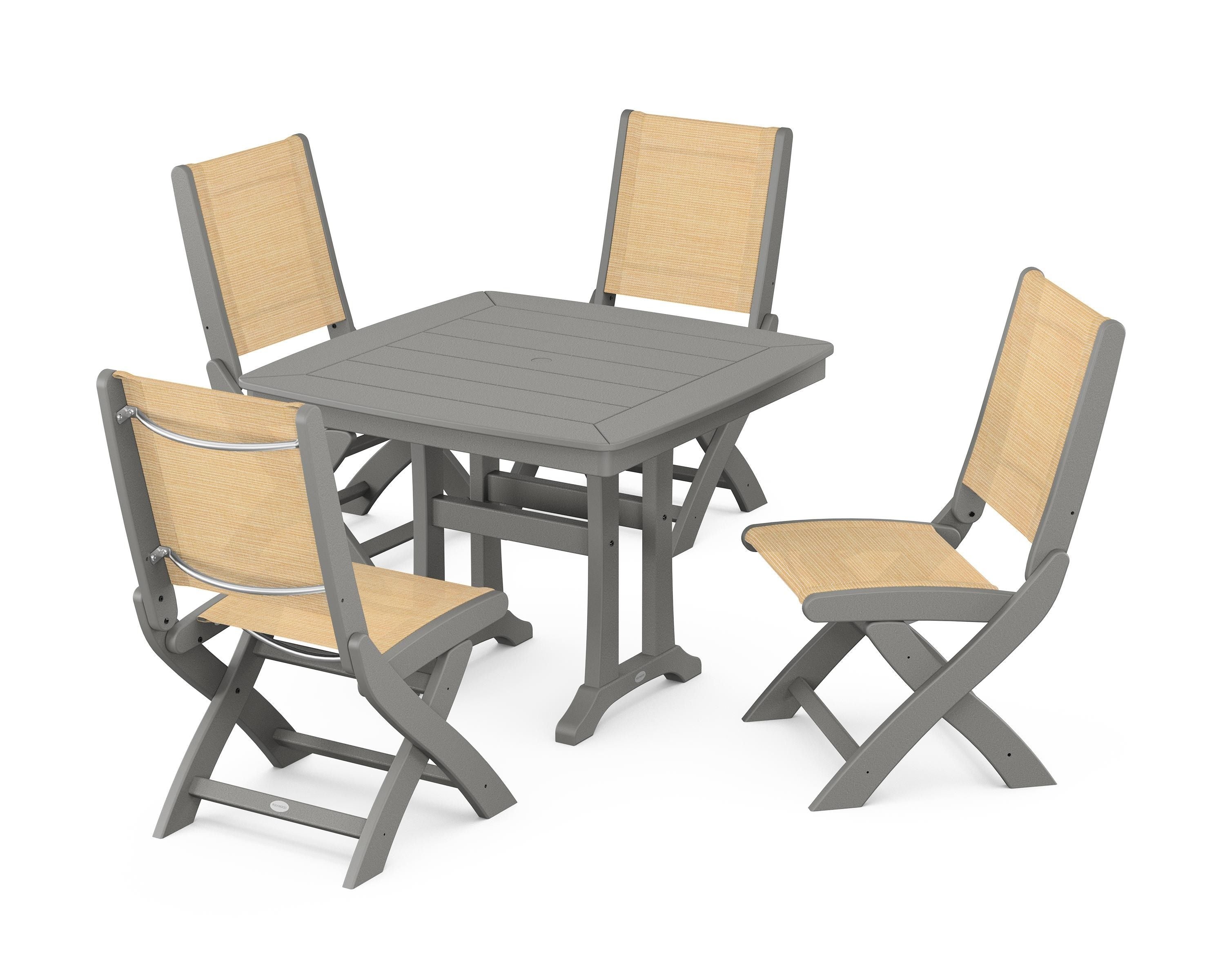 POLYWOOD® Coastal Folding Side Chair 5-Piece Dining Set with Trestle Legs in Slate Grey / Dupioni Apricot Sling