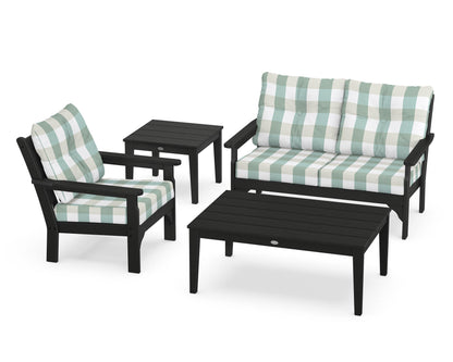 POLYWOOD® Vineyard 4-Piece Deep Seating Set in Black / Buffalo Plaid Glacier Spa