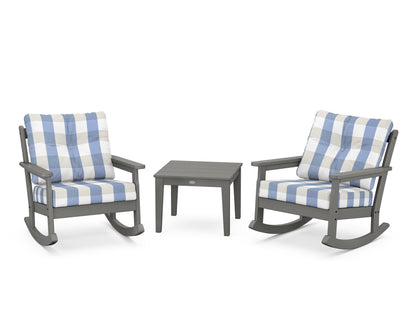 POLYWOOD® Vineyard 3-Piece Deep Seating Rocker Set in Slate Grey / Buffalo Plaid Sky Blue