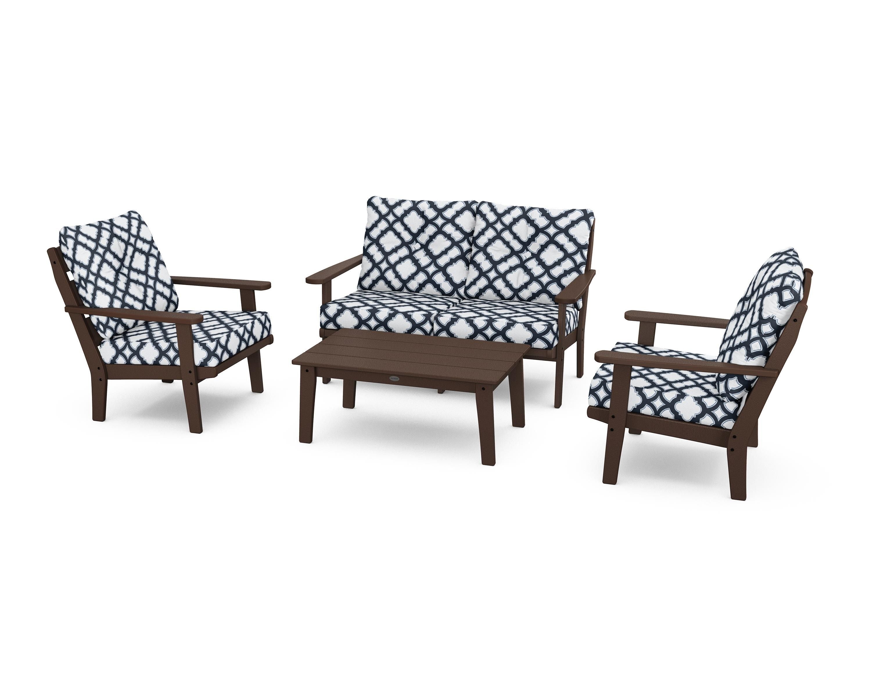 POLYWOOD® Lakeside 4-Piece Deep Seating Set in Mahogany / Trellis Marine Indigo