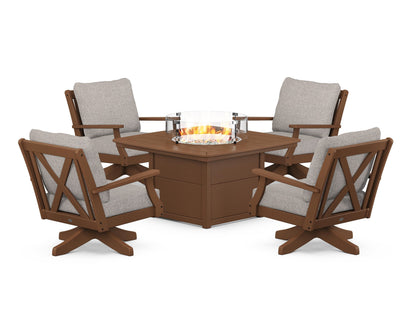POLYWOOD® Braxton 5-Piece Deep Seating Swivel Conversation Set with Fire Pit Table in Teak / Weathered Tweed