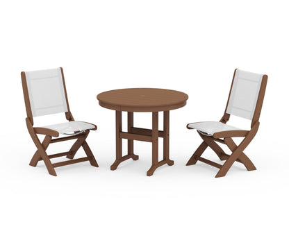 POLYWOOD® Coastal Folding Side Chair 3-Piece Round Dining Set in Teak / White Sling