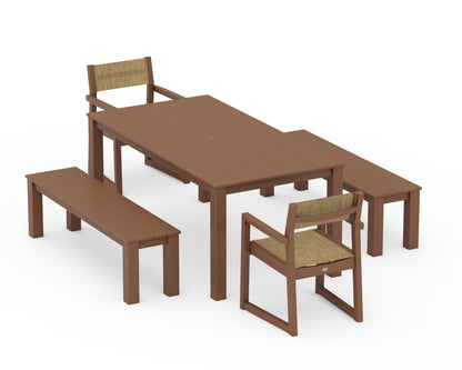 POLYWOOD® EDGE Sling Arm Chair 5-Piece Parsons Dining Set with Benches in Teak / Burlap Sling
