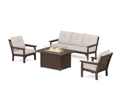 POLYWOOD® Vineyard Deep Seating Fire Pit Table Set in Mahogany / Dune Burlap