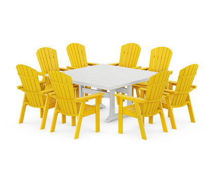 POLYWOOD® Nautical Curveback Adirondack 9-Piece Square Dining Set with Trestle Legs in Lemon / White