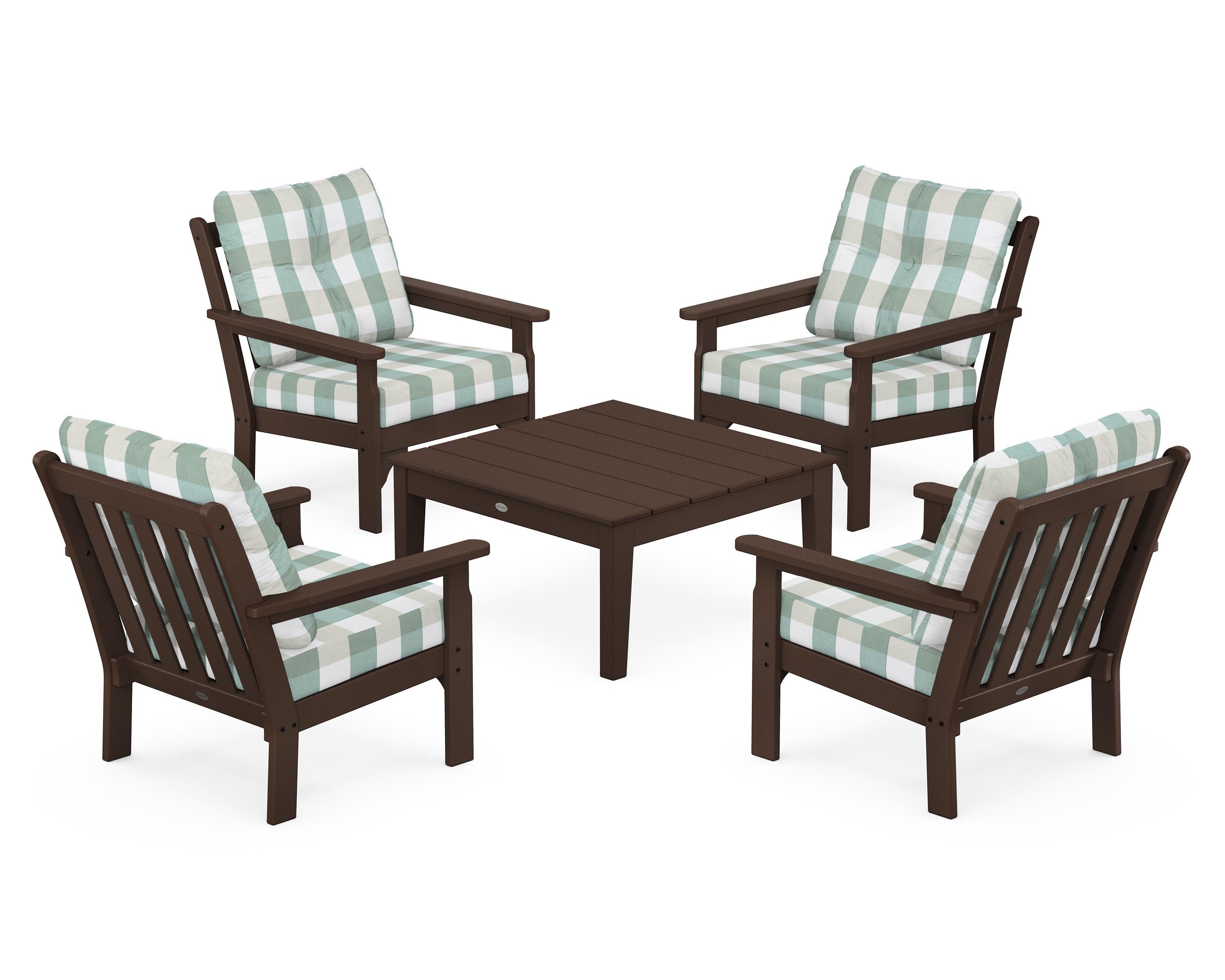 POLYWOOD® Vineyard 5-Piece Deep Seating Conversation Set in Mahogany / Buffalo Plaid Glacier Spa