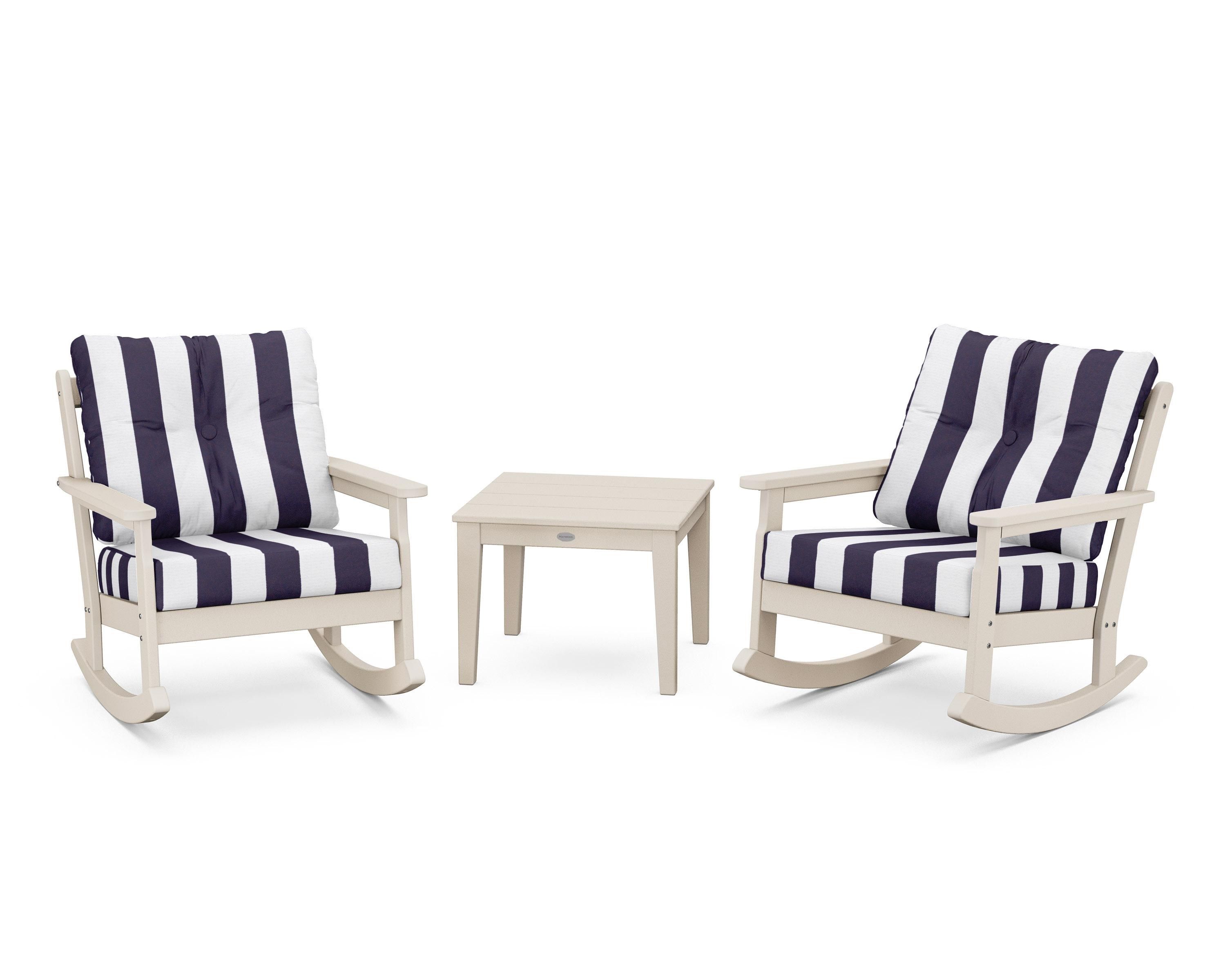 POLYWOOD® Vineyard 3-Piece Deep Seating Rocker Set in Sand / Cabana Stripe Navy