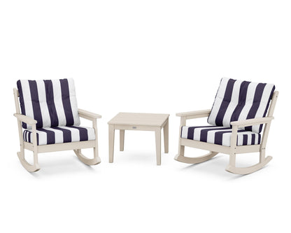 POLYWOOD® Vineyard 3-Piece Deep Seating Rocker Set in Sand / Cabana Stripe Navy
