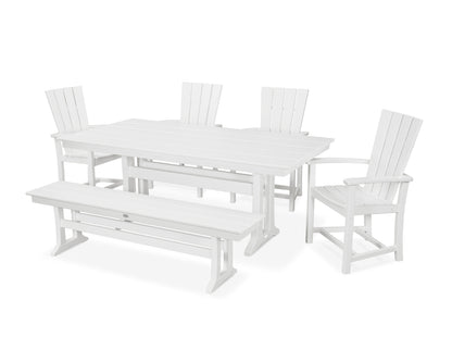 POLYWOOD® Quattro 6-Piece Farmhouse Dining Set with Trestle Legs and Bench in White