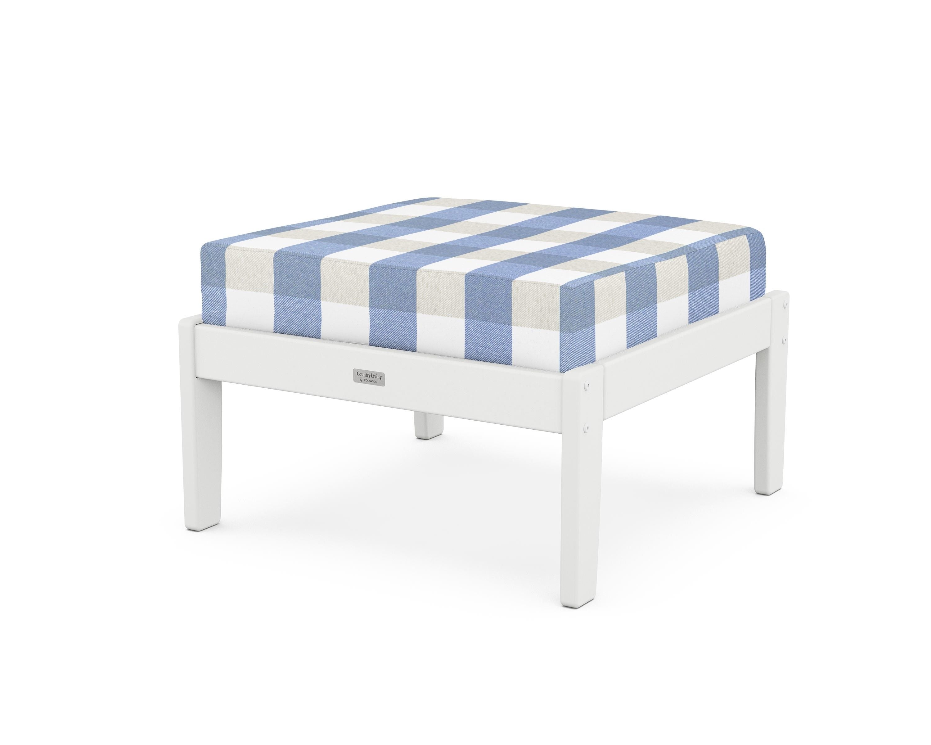 Country Living Cottage Deep Seating Ottoman in White / Buffalo Plaid Sky Blue