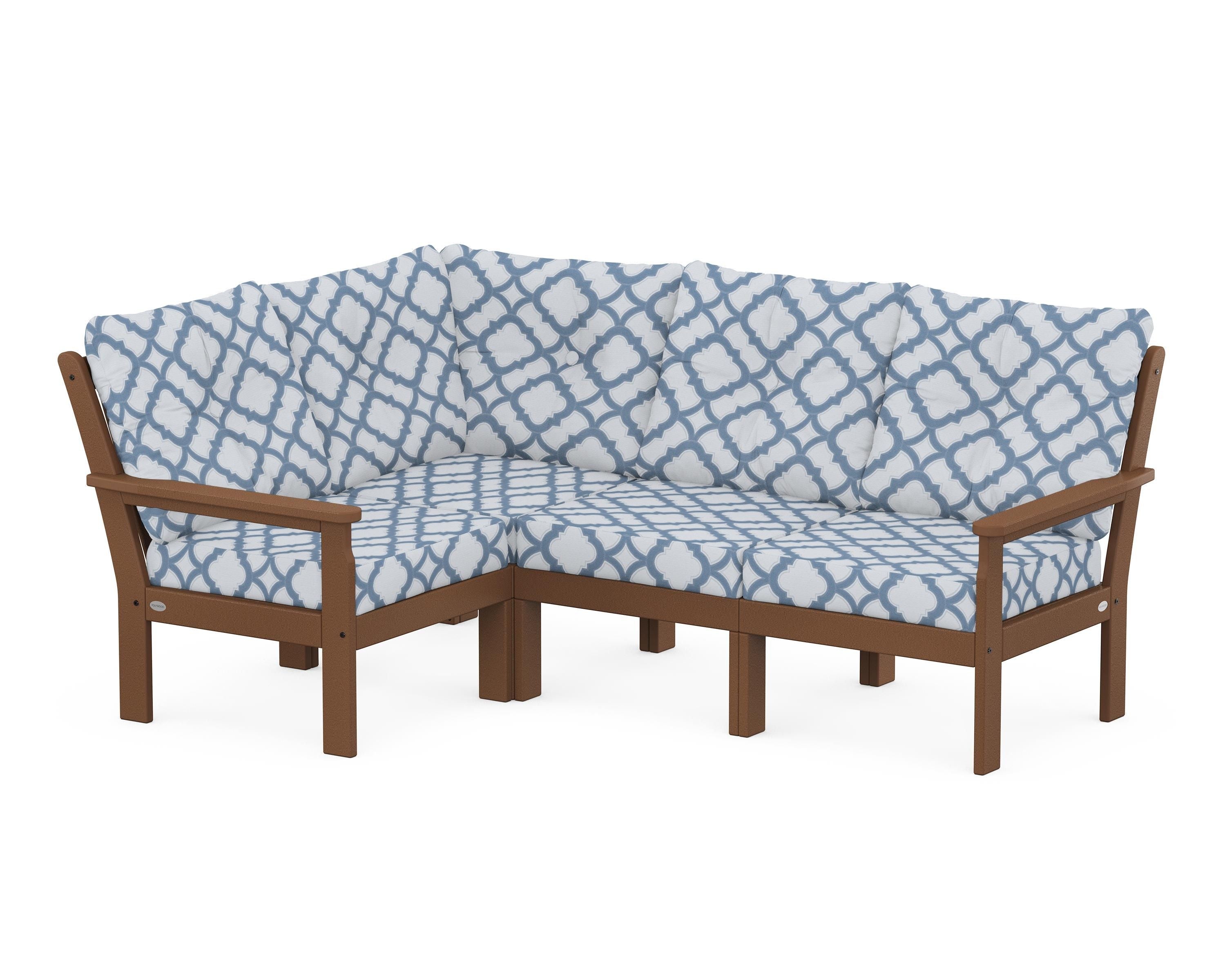 POLYWOOD® Vineyard 4-Piece Sectional in Teak / Trellis Sky Blue