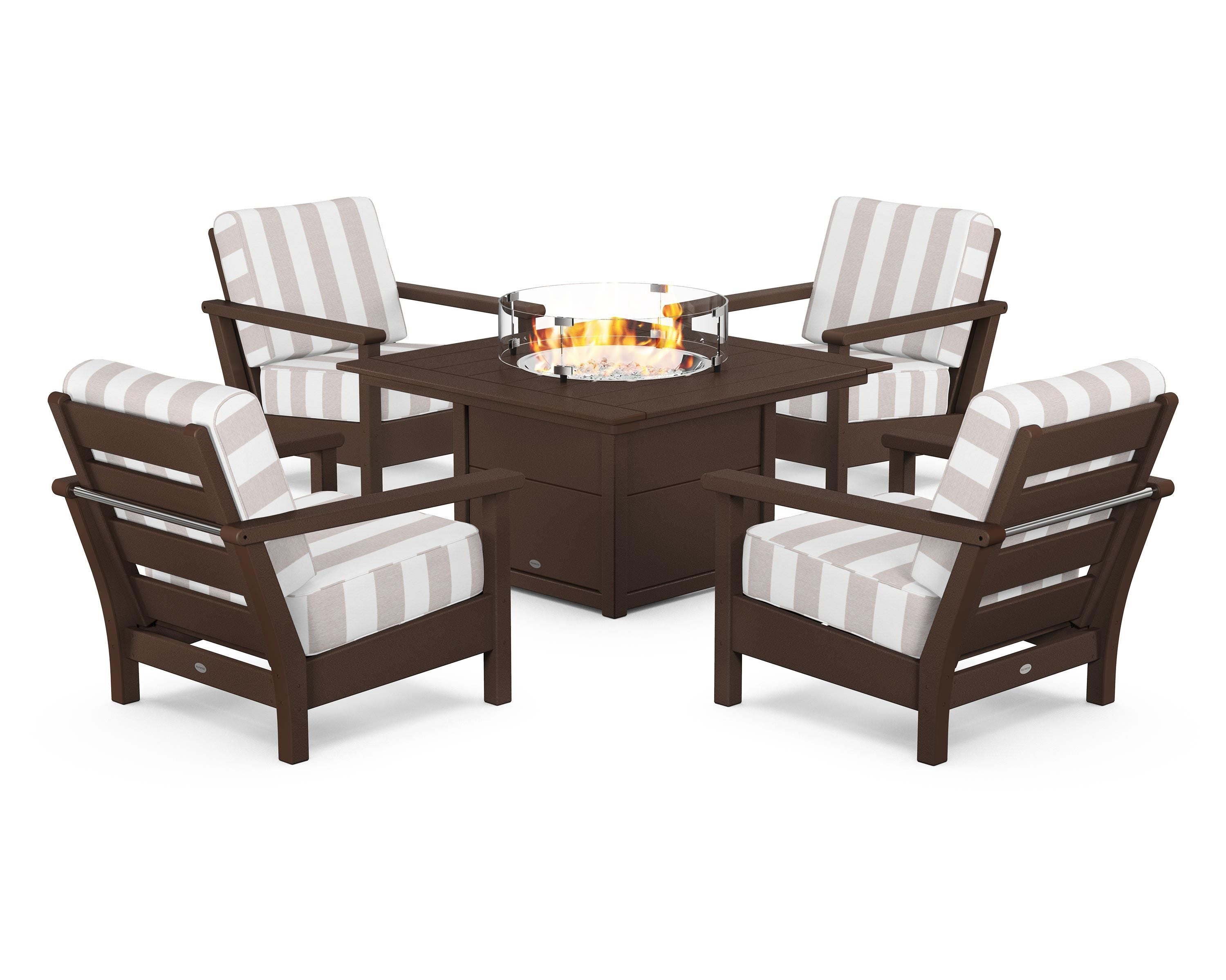 POLYWOOD® Harbour 5-Piece Conversation Set with Fire Pit Table in Mahogany / Cabana Stripe Dune Burlap