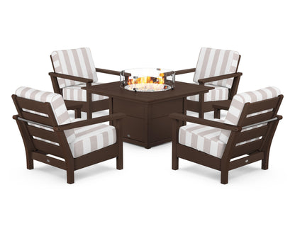 POLYWOOD® Harbour 5-Piece Conversation Set with Fire Pit Table in Mahogany / Cabana Stripe Dune Burlap