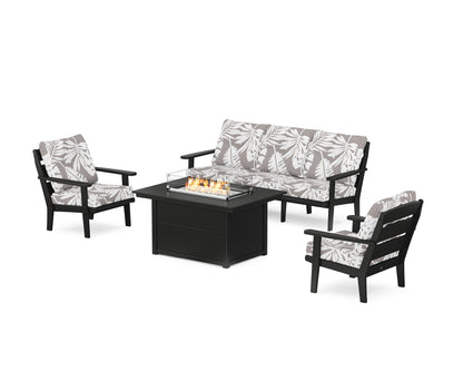POLYWOOD® Lakeside Deep Seating Fire Pit Table Set in Black / Leaf Grey Mist