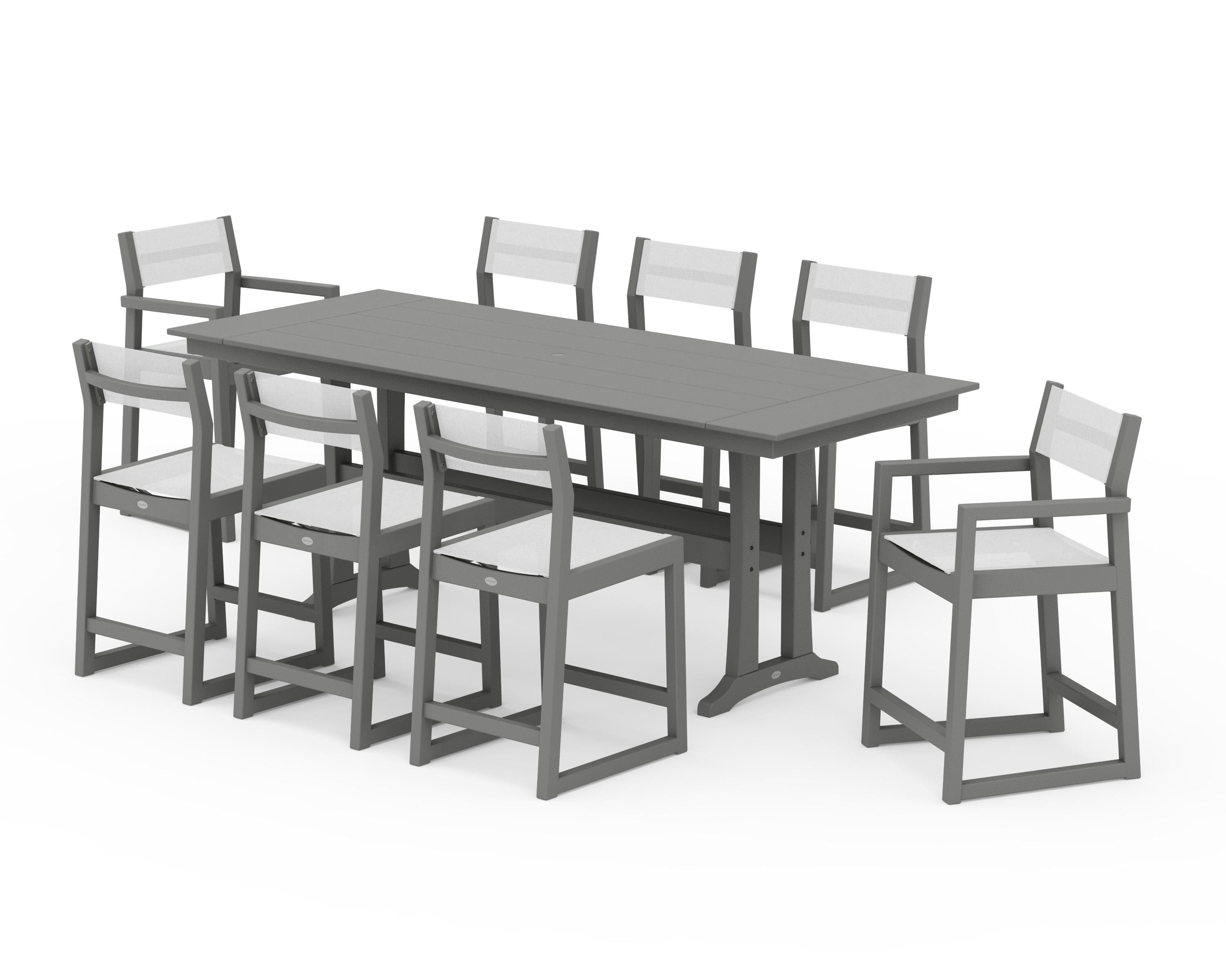 POLYWOOD® EDGE Sling 9-Piece Farmhouse Counter Set with Trestle Legs in Slate Grey / White Sling