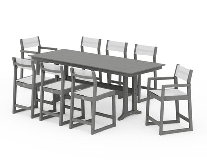 POLYWOOD® EDGE Sling 9-Piece Farmhouse Counter Set with Trestle Legs in Slate Grey / White Sling