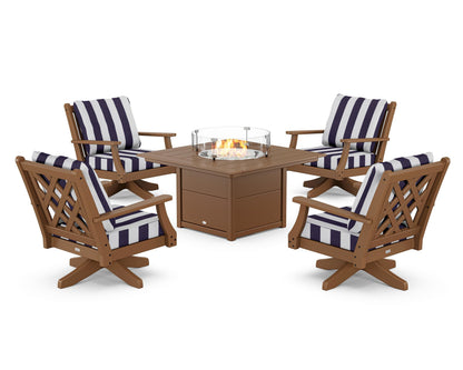 Country Living Wovendale 5-Piece Deep Seating Swivel Conversation Set with Fire Pit Table in Teak / Cabana Stripe Navy