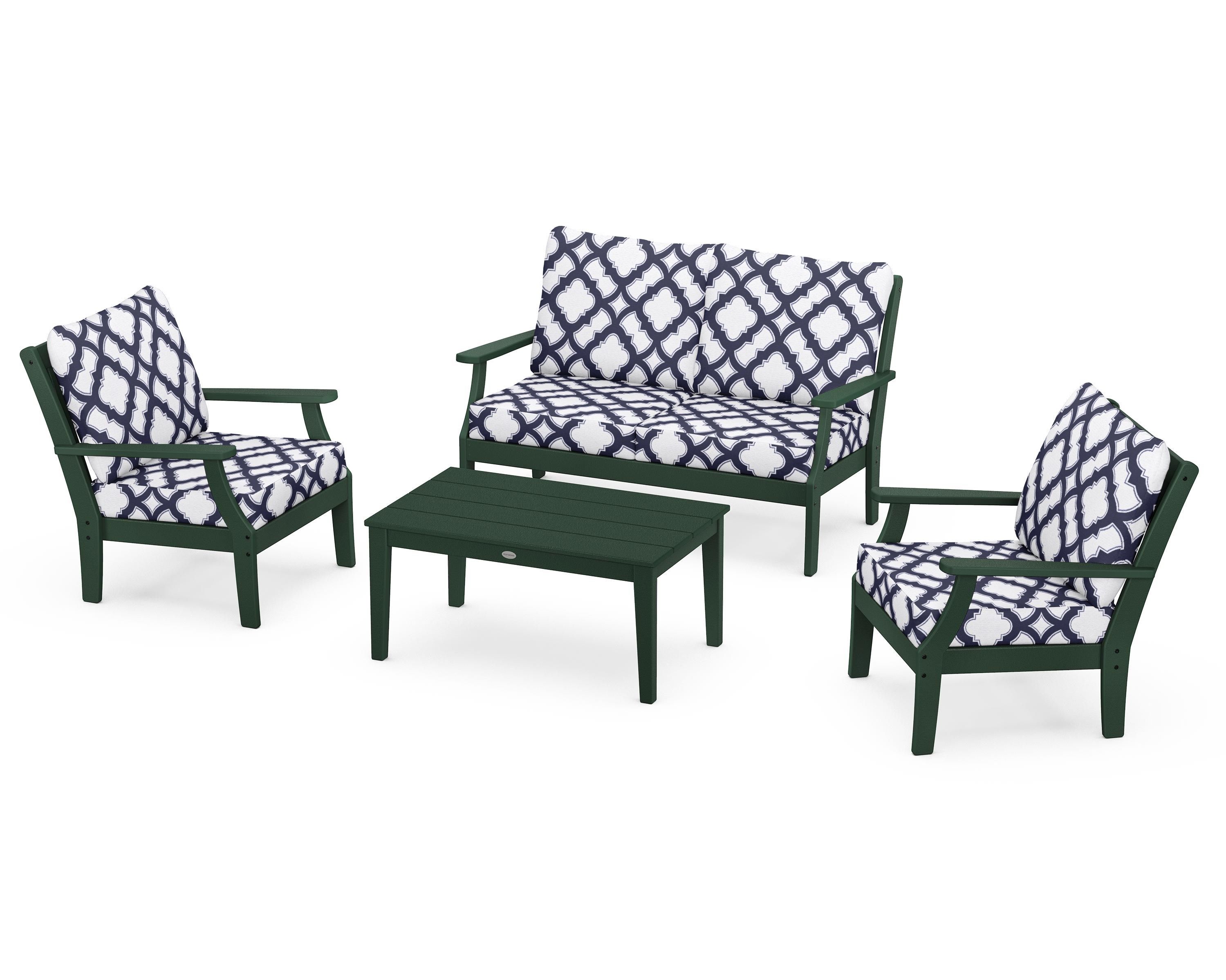 POLYWOOD® Braxton 4-Piece Deep Seating Chair Set in Green / Trellis Navy