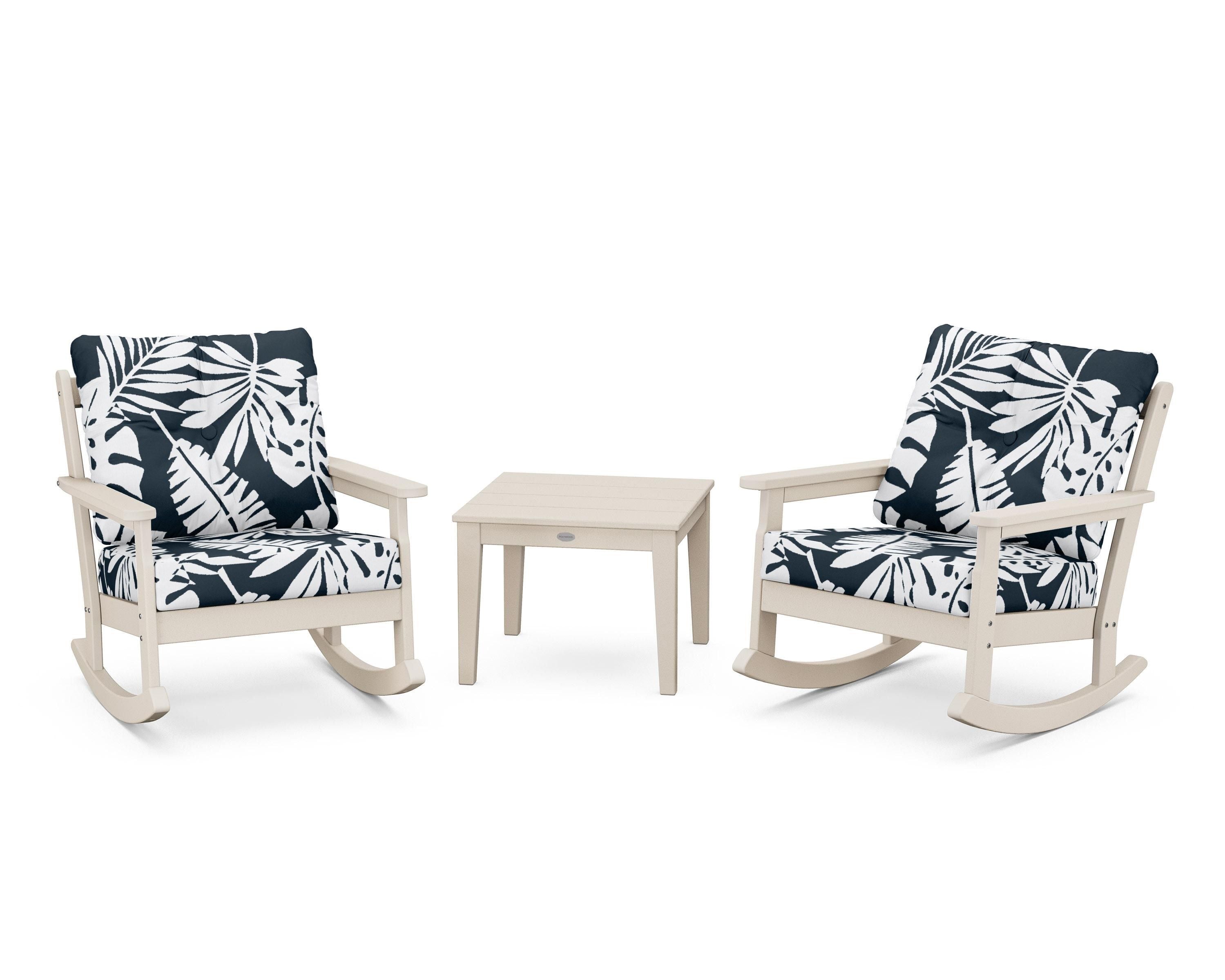 POLYWOOD® Vineyard 3-Piece Deep Seating Rocker Set in Sand / Leaf Marine Indigo