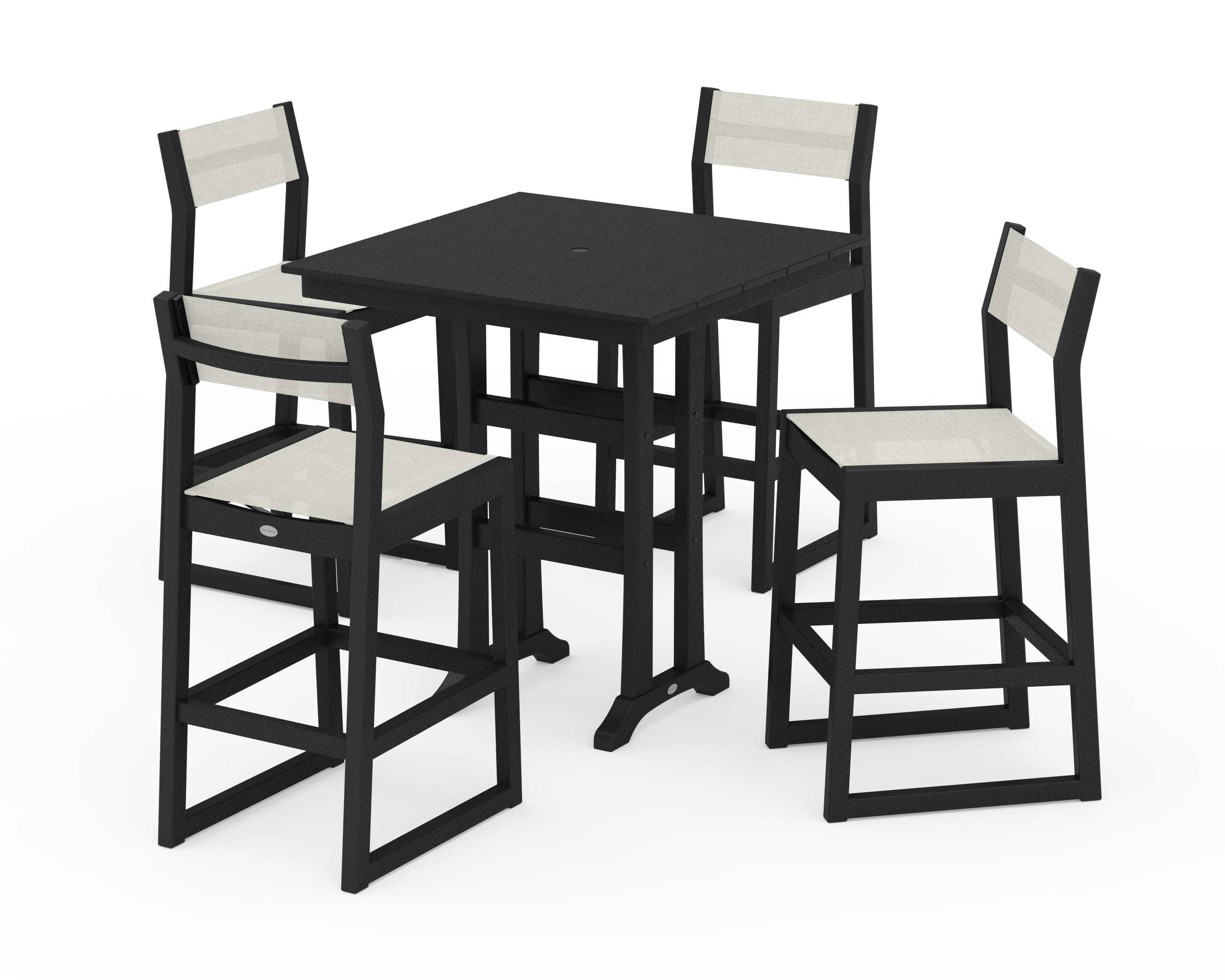 POLYWOOD® EDGE Sling Arm Chair 5-Piece Farmhouse Bar Set with Trestle Legs in Black / Parchment Sling