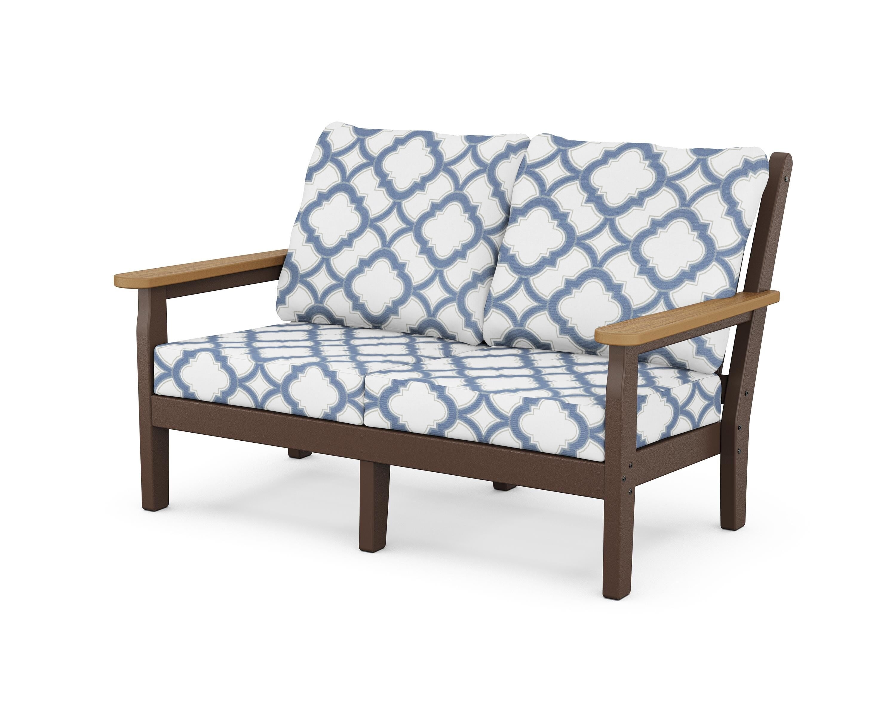 POLYWOOD® Chippendale Deep Seating Loveseat in Mahogany / Natural / Trellis Sky Blue