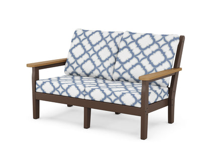 POLYWOOD® Chippendale Deep Seating Loveseat in Mahogany / Natural / Trellis Sky Blue