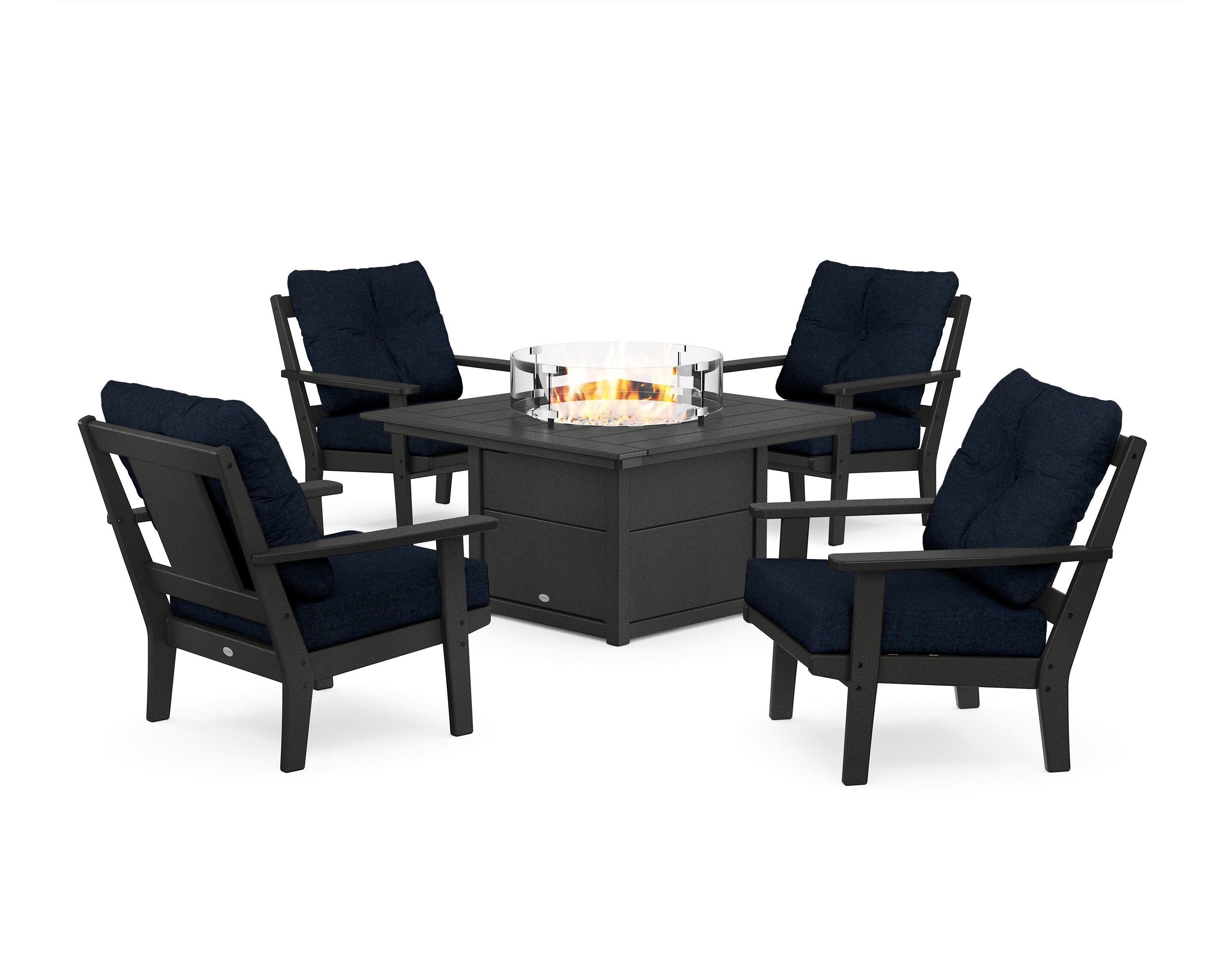 POLYWOOD® Prairie 5-Piece Deep Seating Set with Fire Pit Table in Black / Marine Indigo