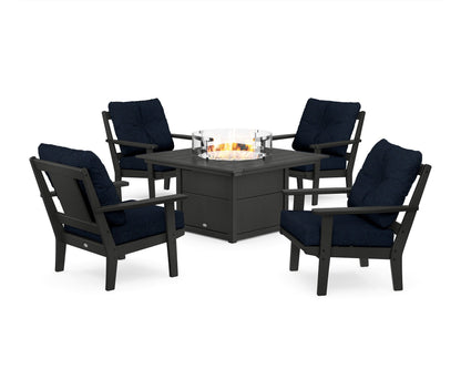 POLYWOOD® Prairie 5-Piece Deep Seating Set with Fire Pit Table in Black / Marine Indigo