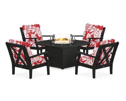 POLYWOOD® Braxton 5-Piece Deep Seating Conversation Set with Fire Pit Table in Black / Leaf Crimson