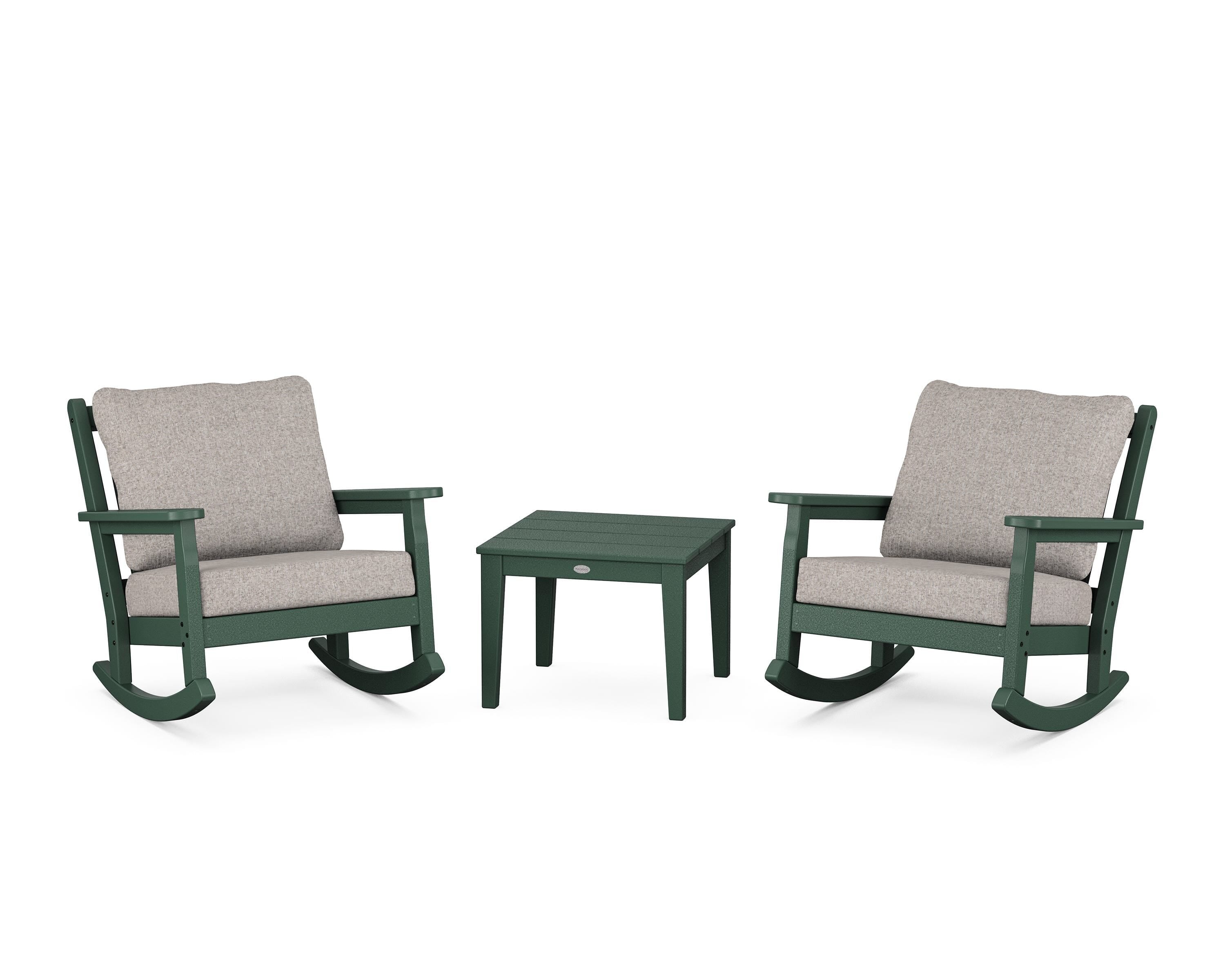 POLYWOOD® Chippendale 3-Piece Deep Seating Rocker Set in Green / Weathered Tweed