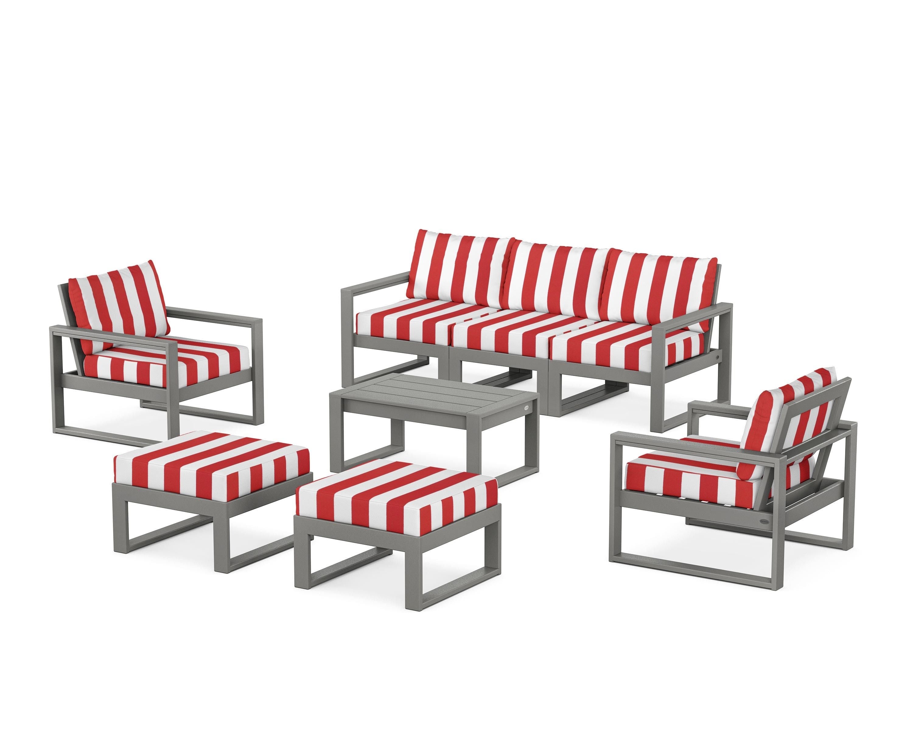 POLYWOOD® EDGE Sectional 8-Piece Lounge Sofa Set in Slate Grey / Cabana Stripe Crimson
