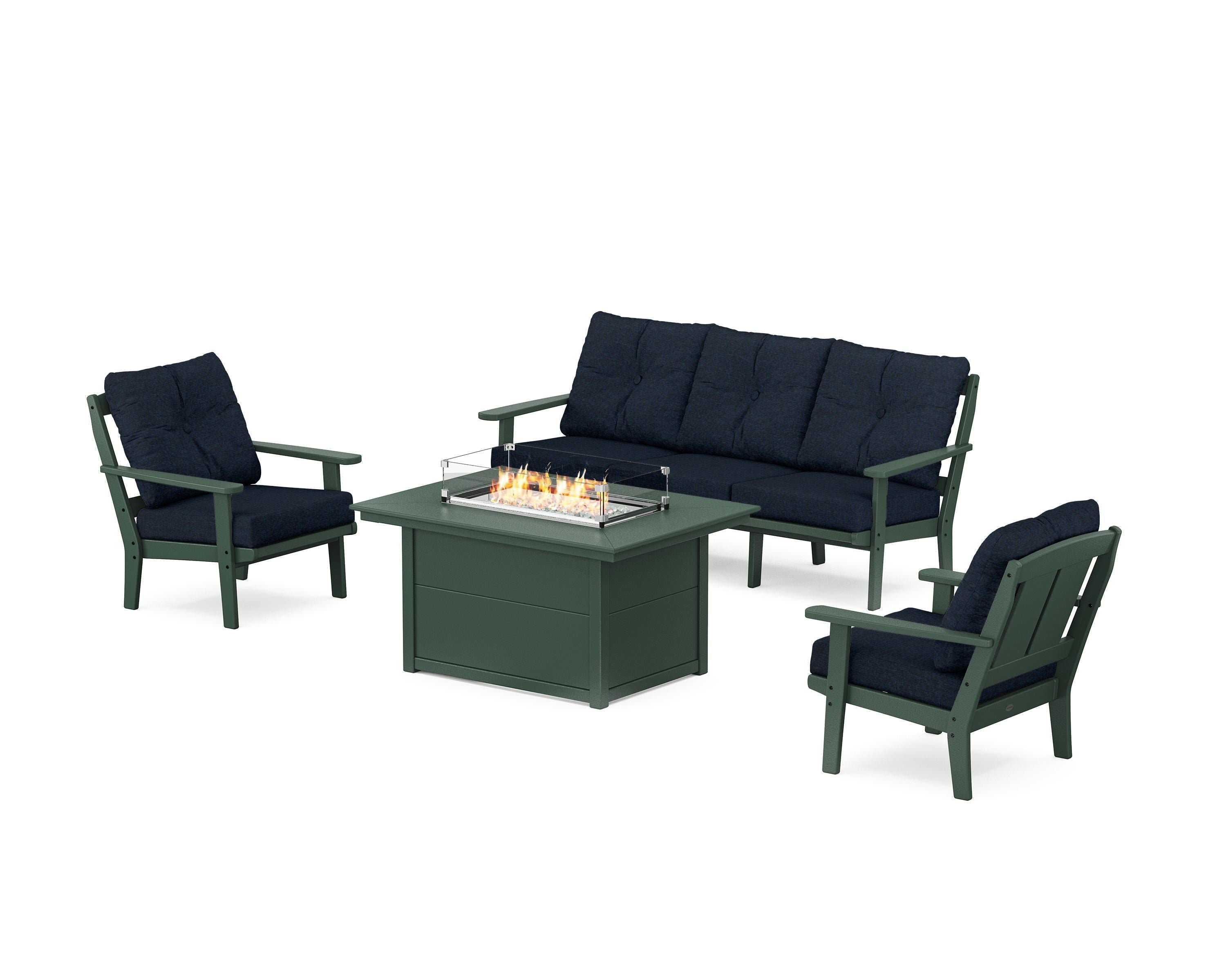 POLYWOOD® Mission Deep Seating Fire Pit Table Set in Green / Marine Indigo