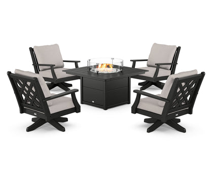 Country Living Wovendale 5-Piece Deep Seating Swivel Conversation Set with Fire Pit Table in Black / Dune Burlap
