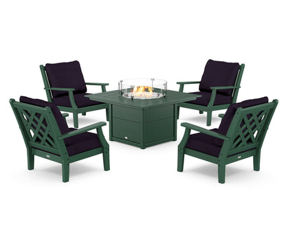 Country Living Wovendale 5-Piece Deep Seating Set with Fire Pit Table in Green / Navy Linen