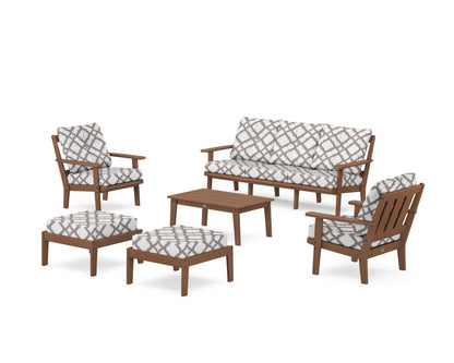 POLYWOOD® Oxford 6-Piece Lounge Sofa Set in Teak / Trellis Grey Mist