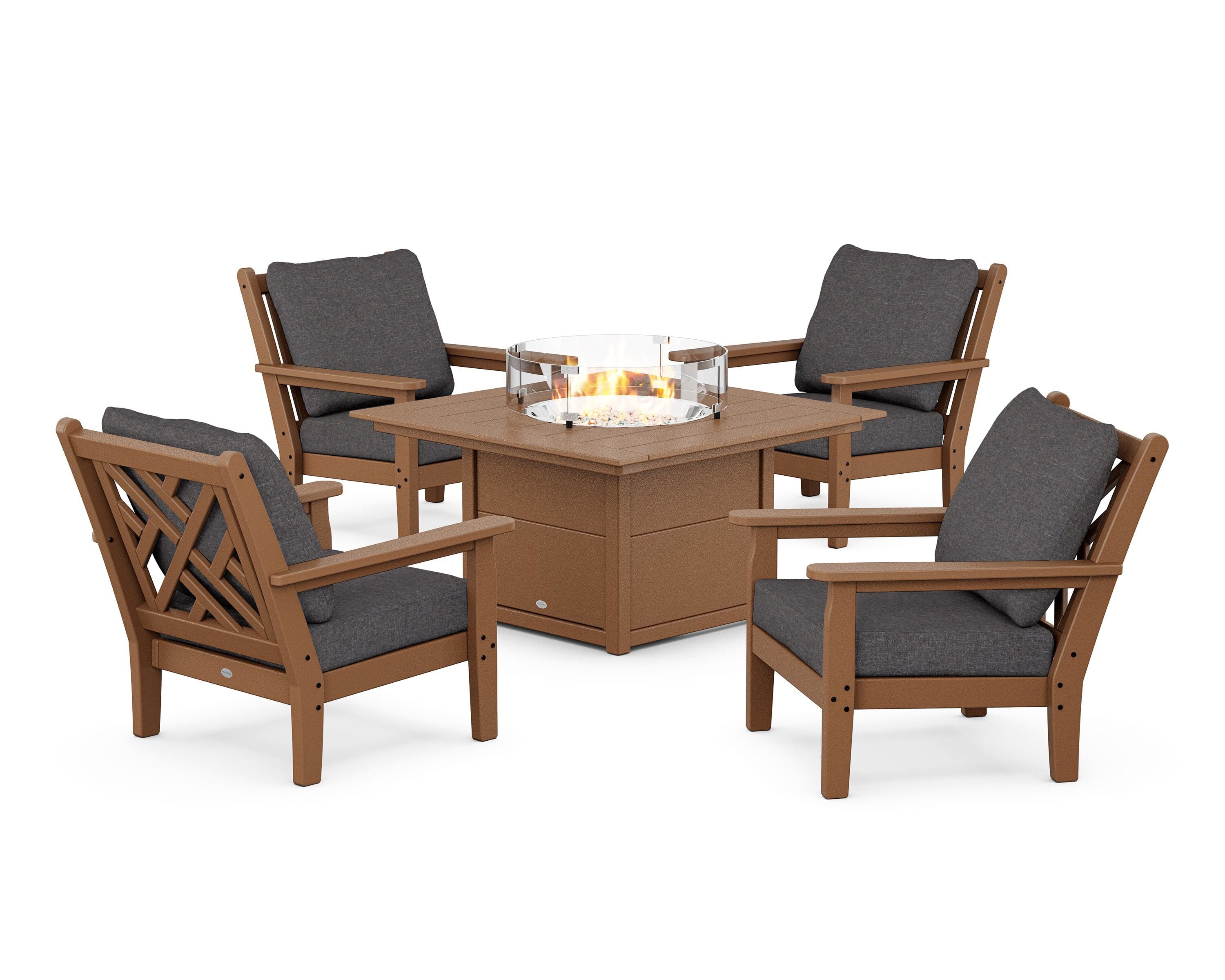 POLYWOOD® Chippendale 5-Piece Deep Seating Set with Fire Pit Table in Teak / Ash Charcoal