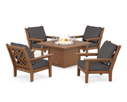 POLYWOOD® Chippendale 5-Piece Deep Seating Set with Fire Pit Table in Teak / Ash Charcoal