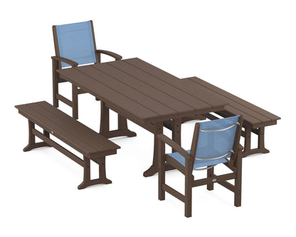 POLYWOOD® Coastal 5-Piece Farmhouse Dining Set with Trestle Legs and Benches in Mahogany / Poolside Sling