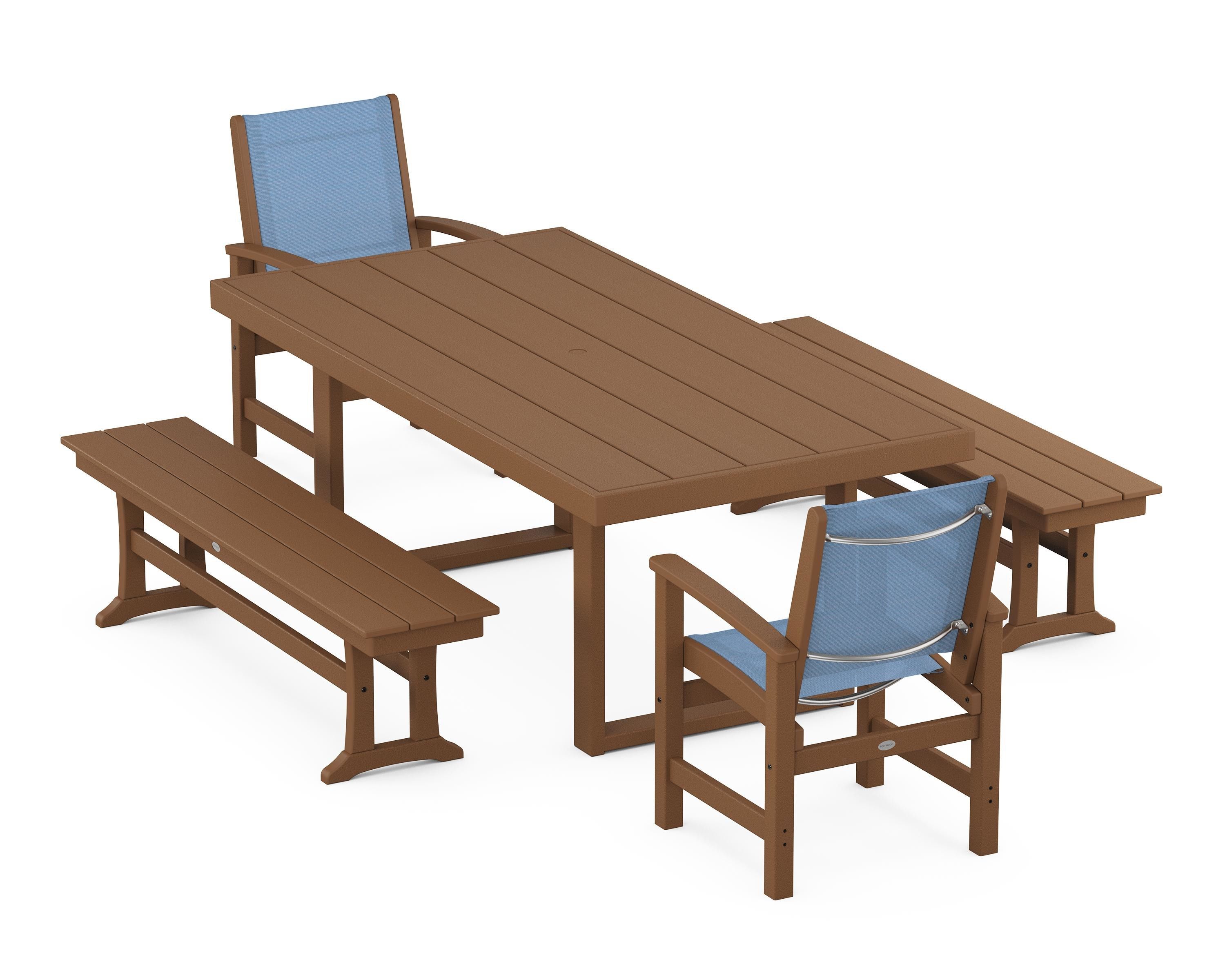 POLYWOOD® Coastal 5-Piece Dining Set with Trestle Legs in Teak / Poolside Sling