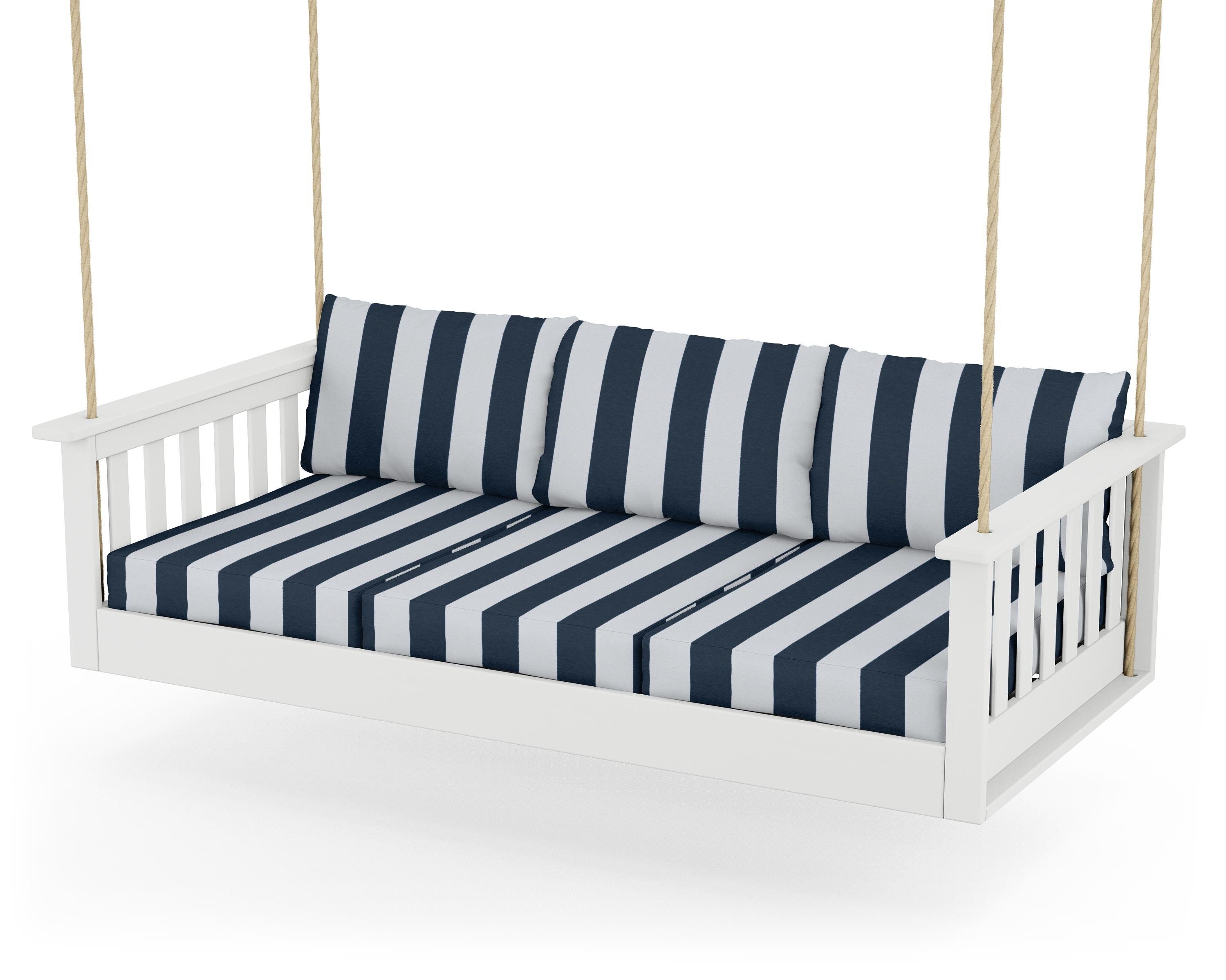 POLYWOOD® Vineyard Daybed Swing in White / Cabana Stripe Marine Indigo