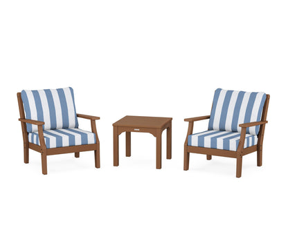 Martha Stewart by POLYWOOD® Chinoiserie 3-Piece Deep Seating Set in Teak / Cabana Stripe Sky Blue