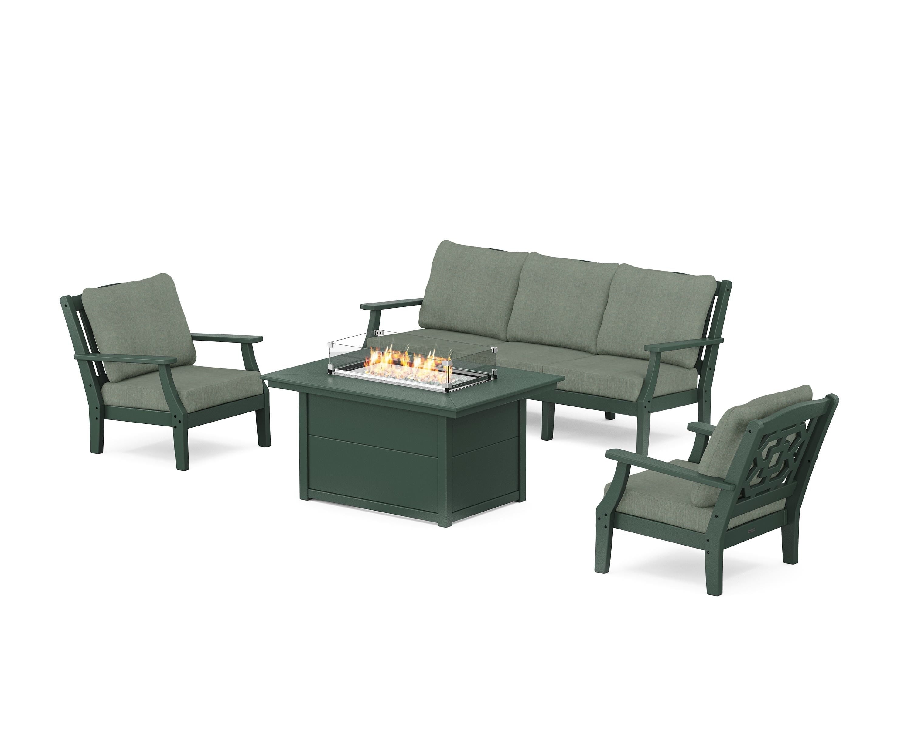 Martha Stewart by POLYWOOD® Chinoiserie Deep Seating Fire Pit Table Set in Green / Cast Sage