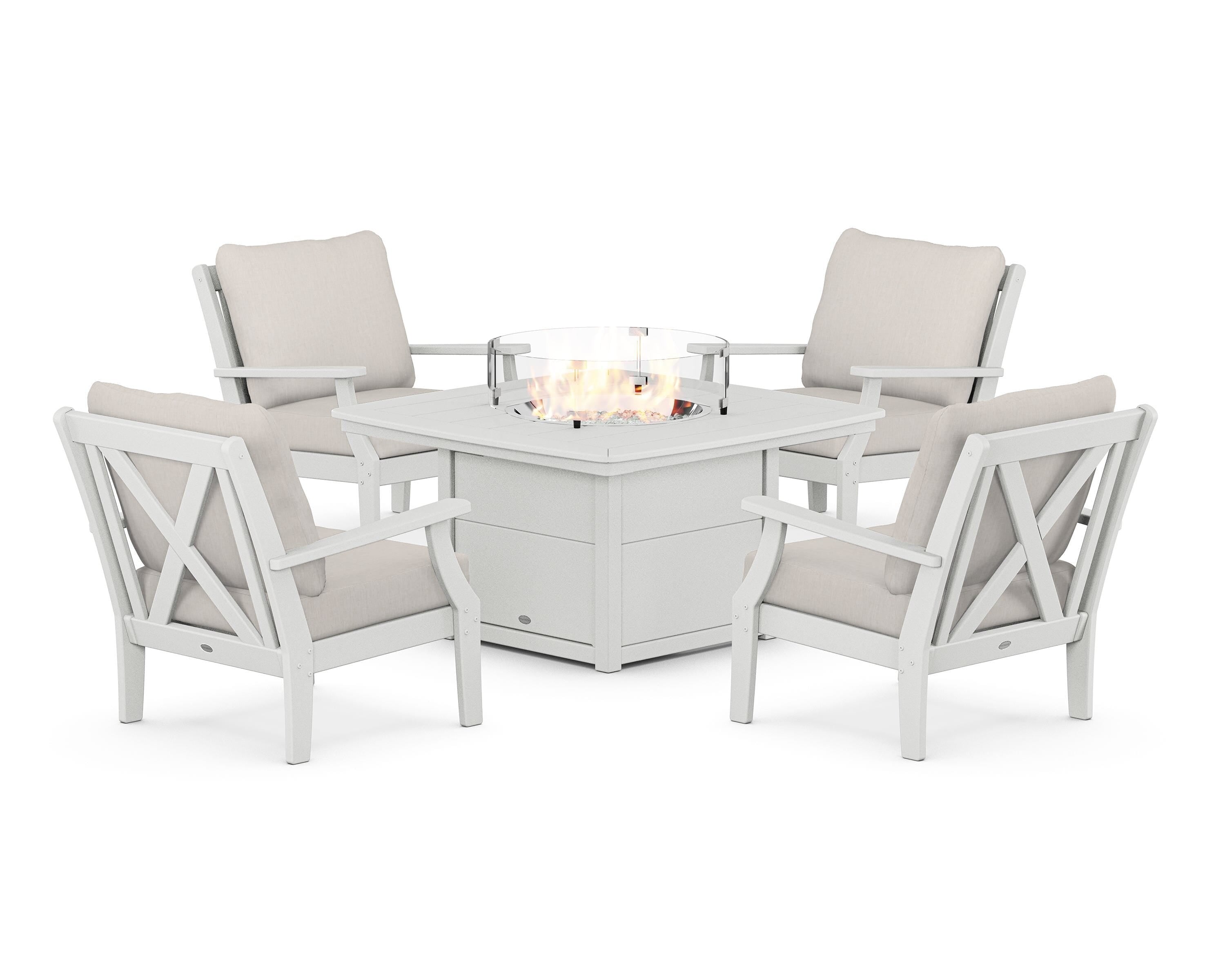 POLYWOOD® Braxton 5-Piece Deep Seating Conversation Set with Fire Pit Table in White / Cast Ash