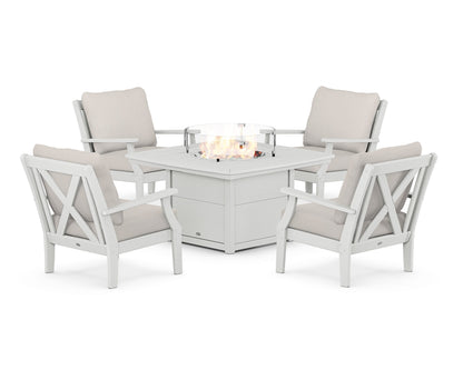 POLYWOOD® Braxton 5-Piece Deep Seating Conversation Set with Fire Pit Table in White / Cast Ash